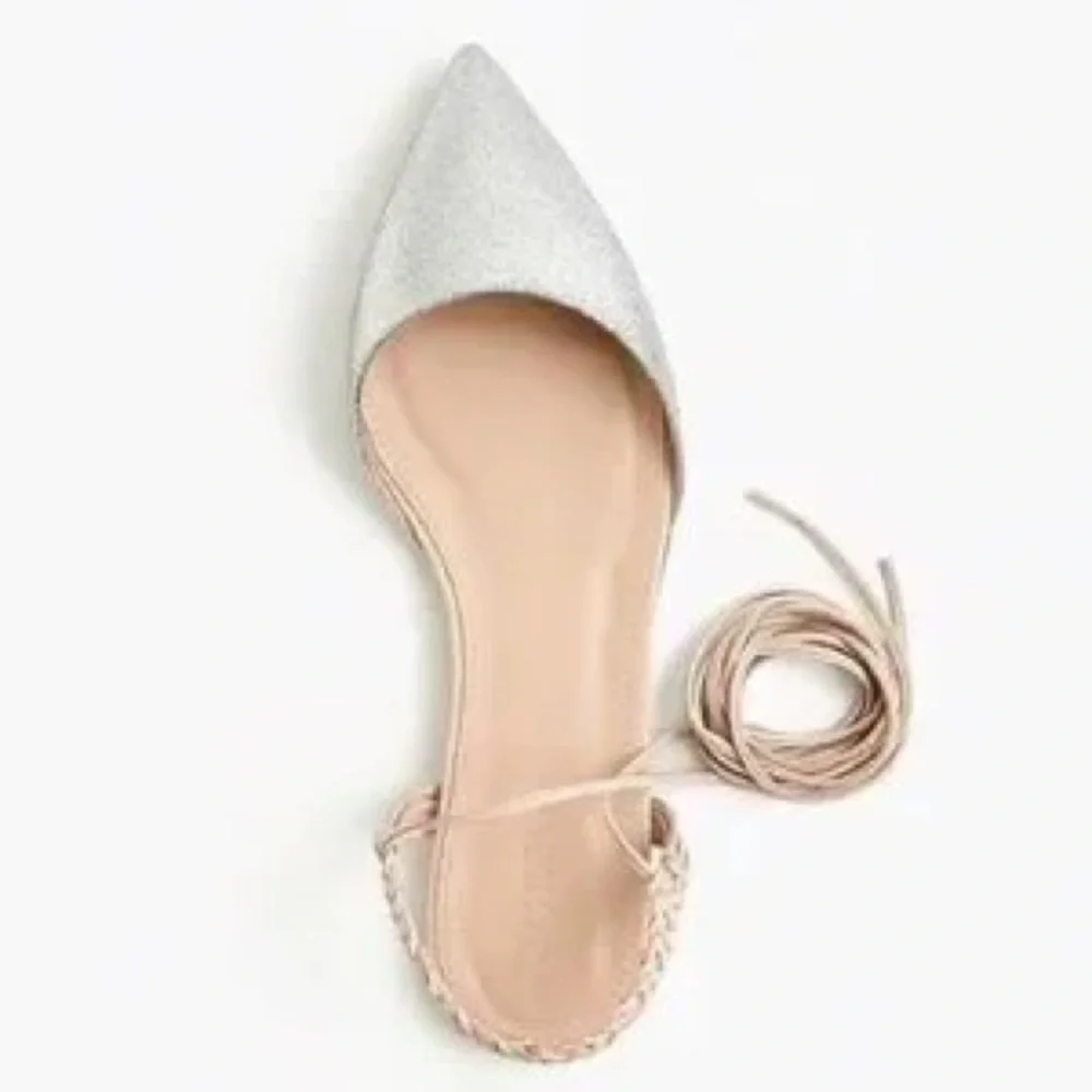 J Crew pointed toe glitter silver flats lace up sz 7